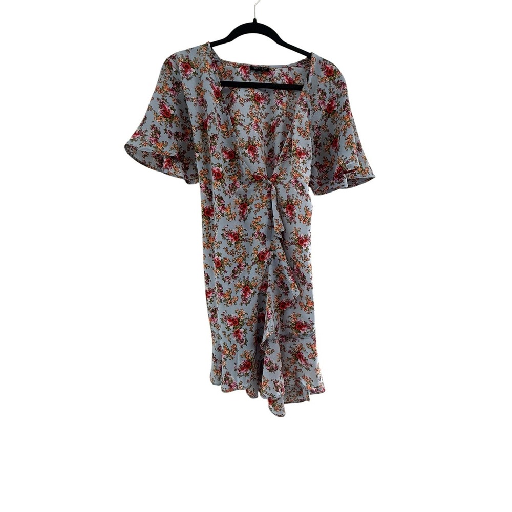 Topshop Floral Wrap Mini Dress US 6 Blue Cottagecore Boho Flutter Sleeve Tie